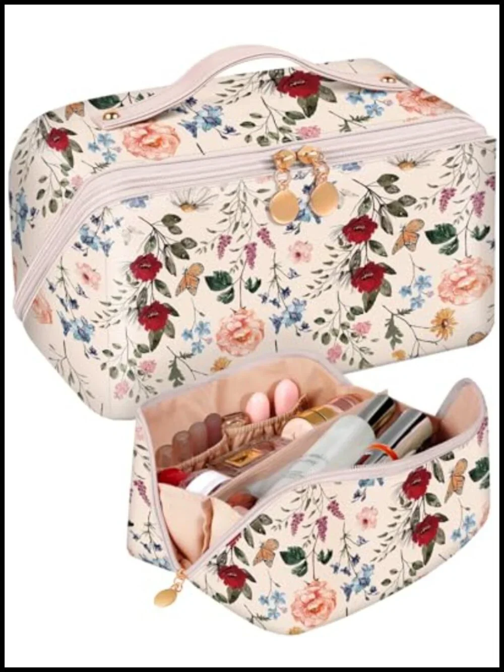 Large Leather Expandable Open Flat Travel Makeup Bag